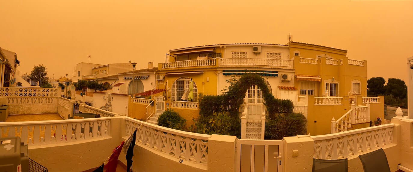 Photo from April 2022 outside missionary Krista Givens' window in Torrevieja, Spain, showing suspension dust (calima) in the air. (Photo: Krista Givens)