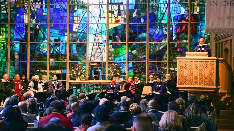 Roland Fernandes addresses graduates during the Garrett-Evangelical Theological Seminary commencement on May 9.
