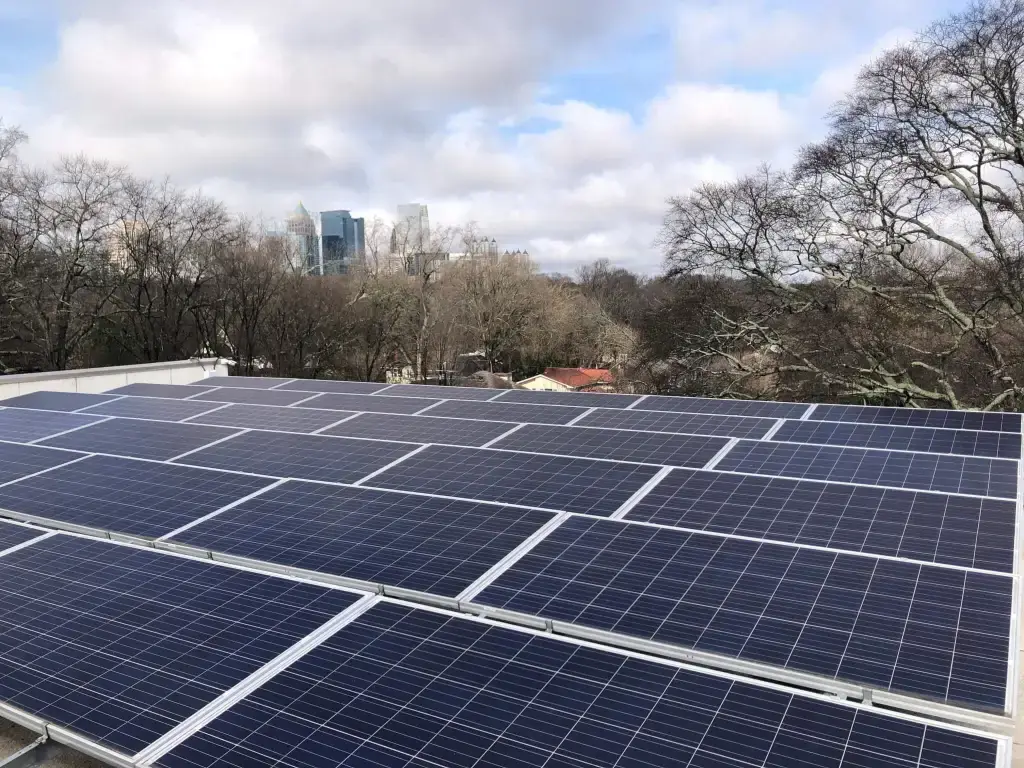 Solar panels atop Global Ministries’ South Building in Atlanta