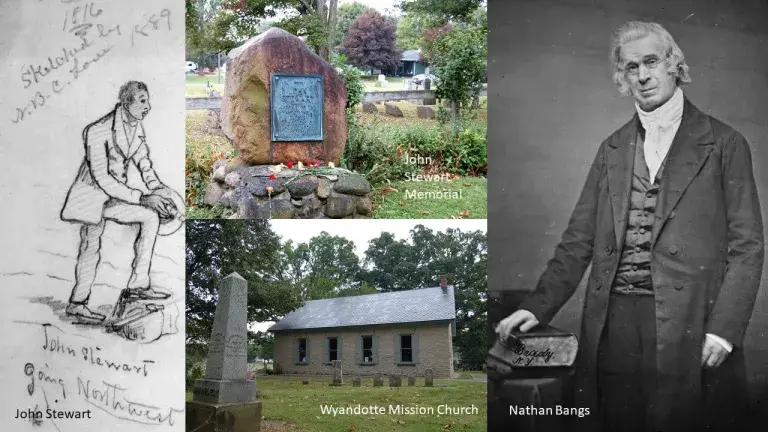 Sketch of John Stewart by Rev. B. C. Love in 1889; John Stewart Memorial; Wyandotte Mission Church in Upper Sandusky, Ohio. PHOTOS: CHRISTIE R. HOUSE; Nathan Bangs. Photo: General Commission on Archives and History